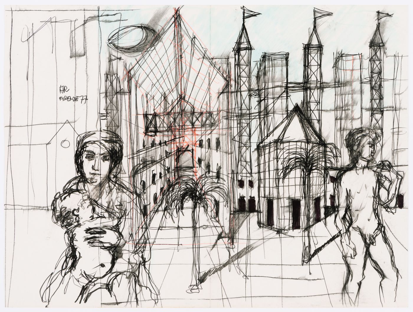 Perspective Sketch for Centro Direzionale, Florence, with sketches of statues of David and of the Virgin and Child