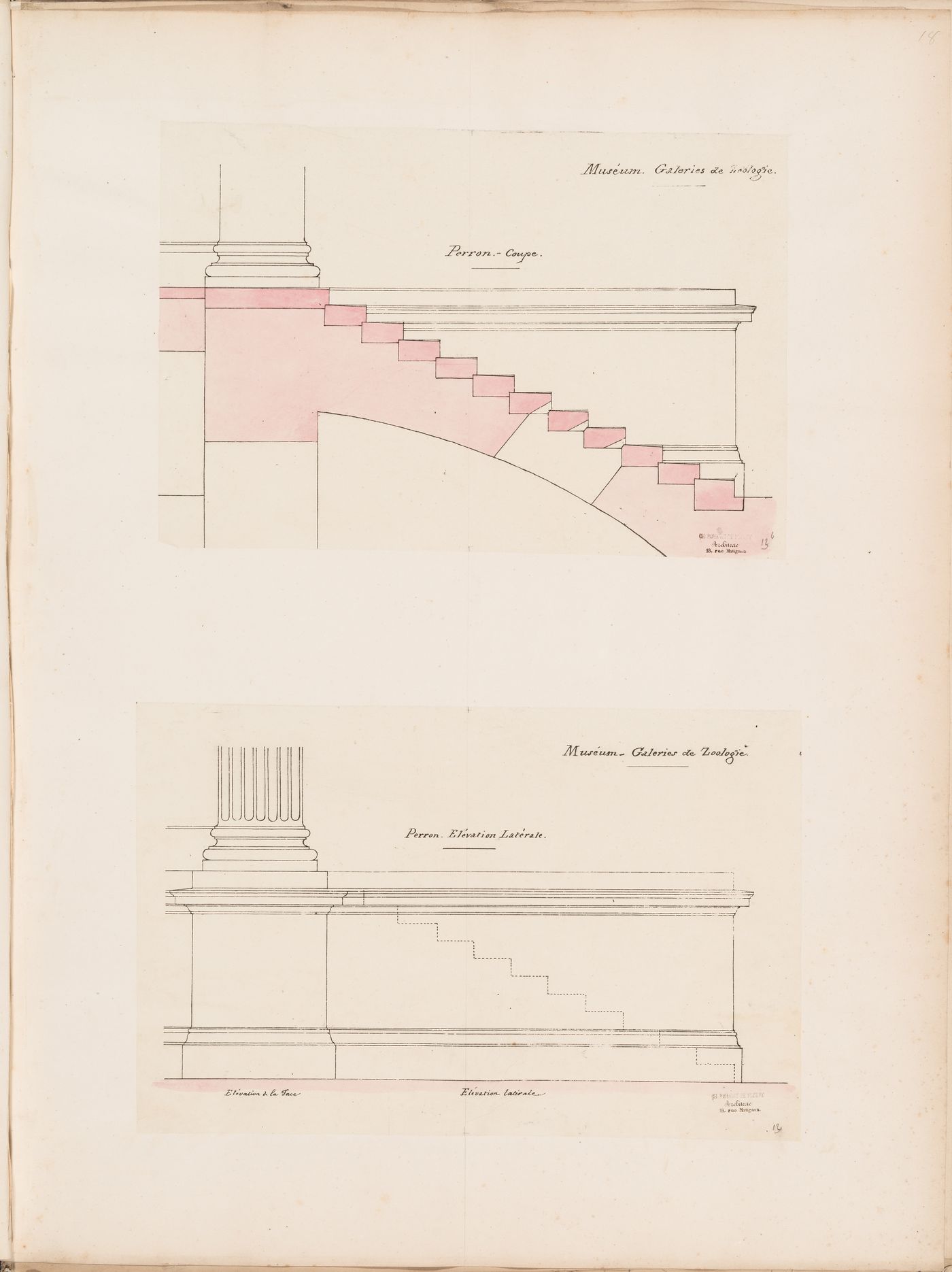 Project for a Galerie de zoologie, 1846: Section and elevation for the perron