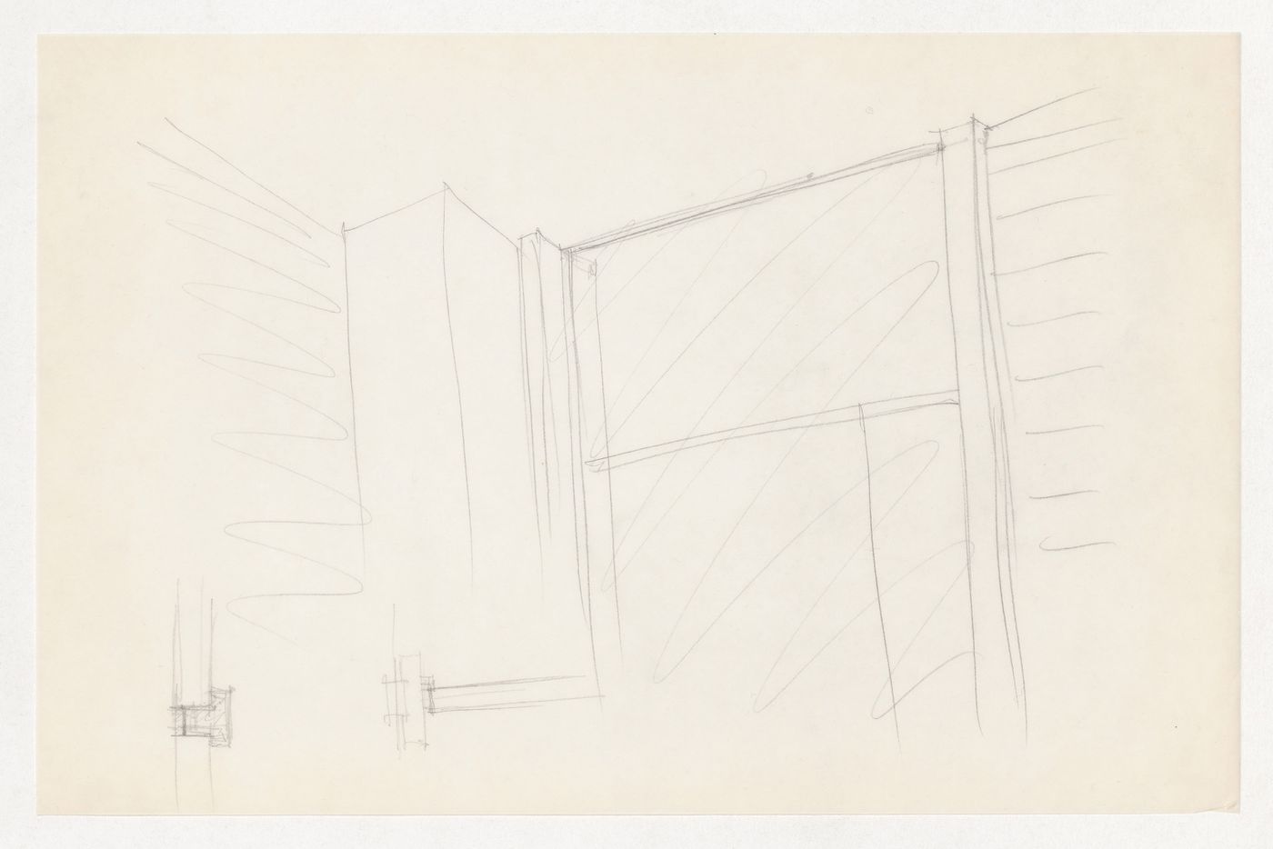 Interior perspective sketch showing column, window mullion and wall connections, and sketch sectional details for the Metallurgy Building, Illinois Institute of Technology, Chicago