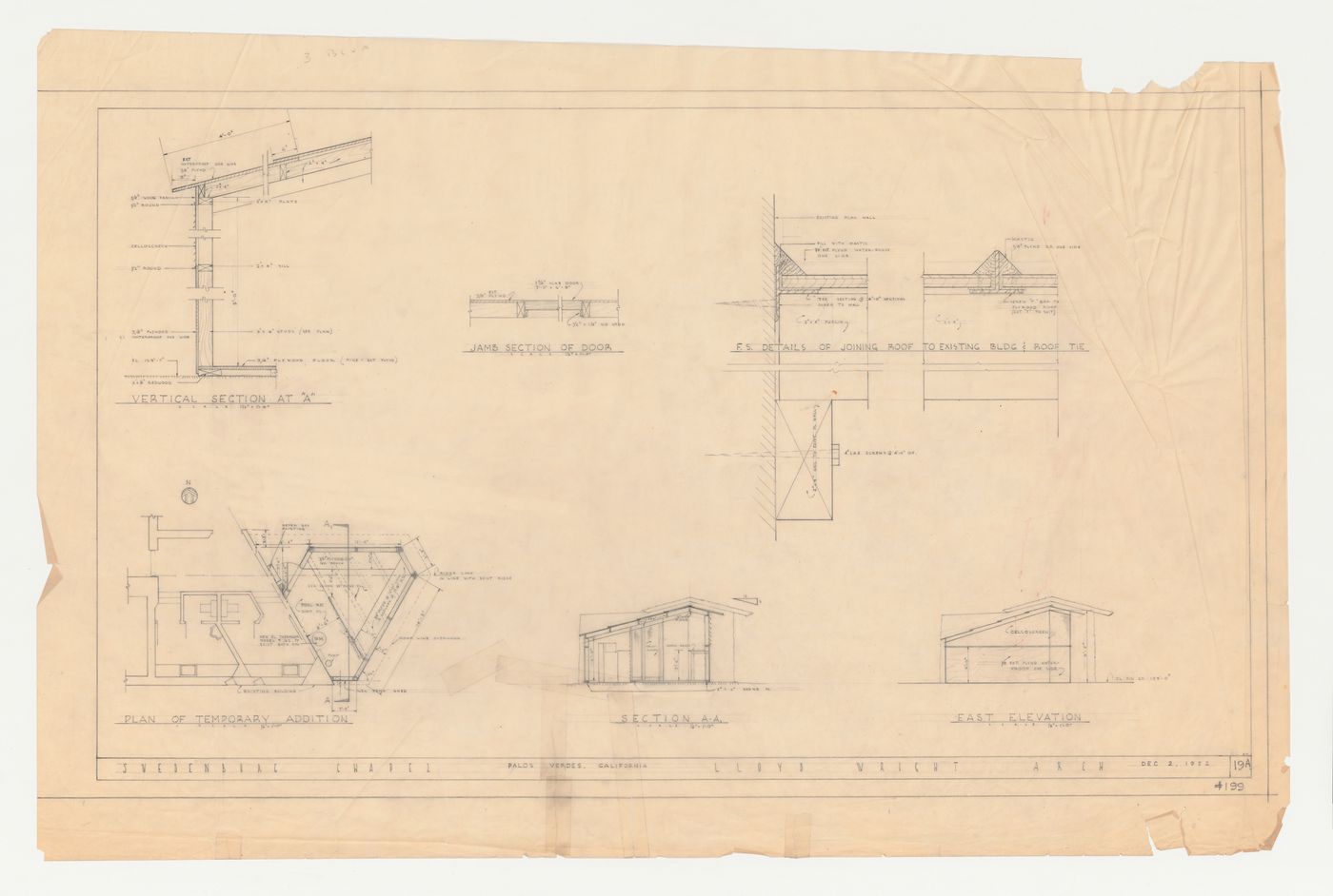 Wayfarers' Chapel, Palos Verdes, California: Plan, sections, elevation and details for a temporary addition to the chapel