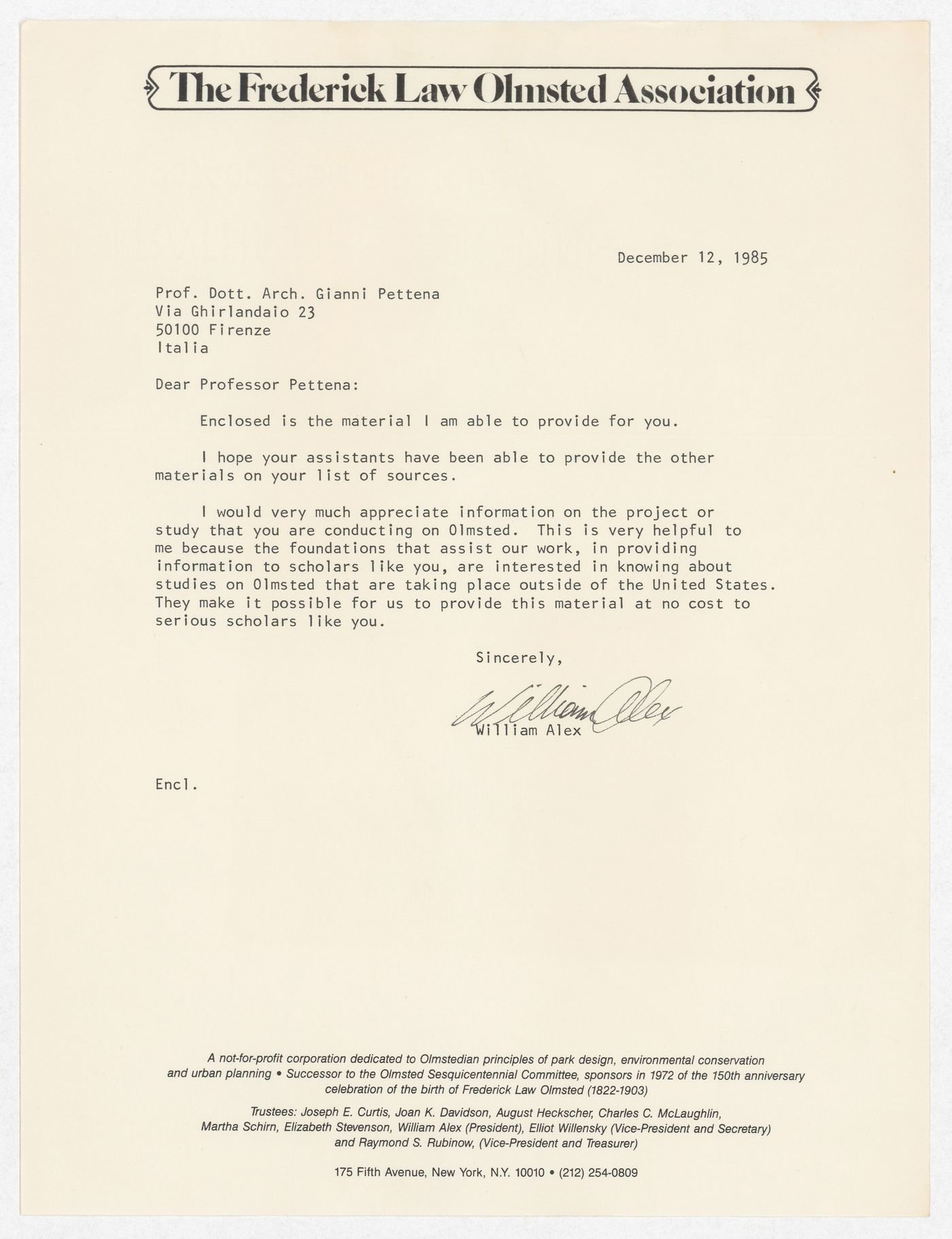 Correspondence with William Alex from The Frederick Law Olmsted Association for the exhibition Olmsted: L'origine del parco urbano e del parco naturale contemporaneo