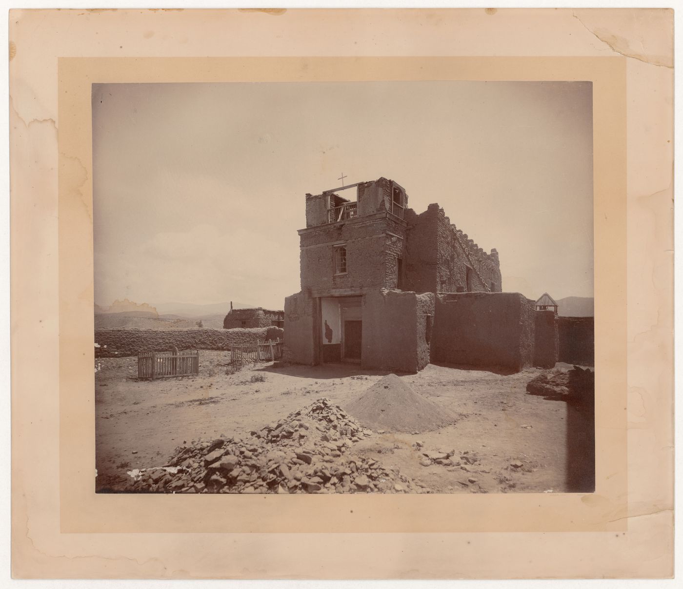 View of the Church of San Miguel showing the damaged principal façade and tower, Santa Fe, New Mexico, United States
