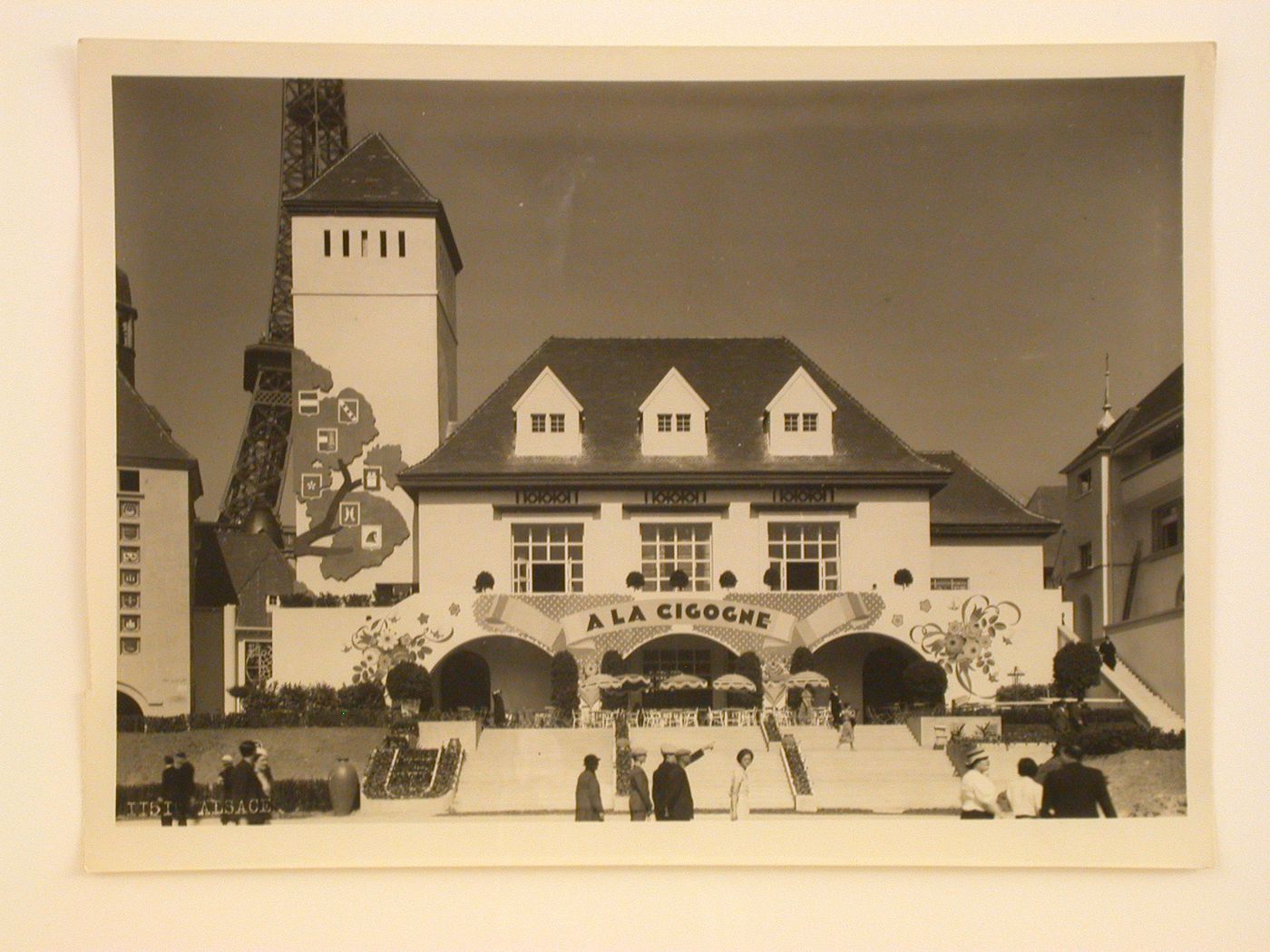 View of Alsace's pavilion with the Tour Eiffel in the background, 1937 Exposition internationale, Paris, France