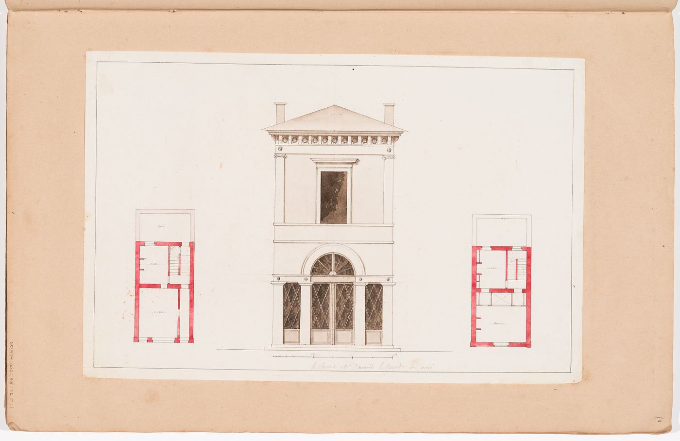 Front elevation and ground and first floor plans for a small two-storey town house; verso: Sketch elevation, site plan, and plans for a house and garden on rue Saint-Romain, Paris