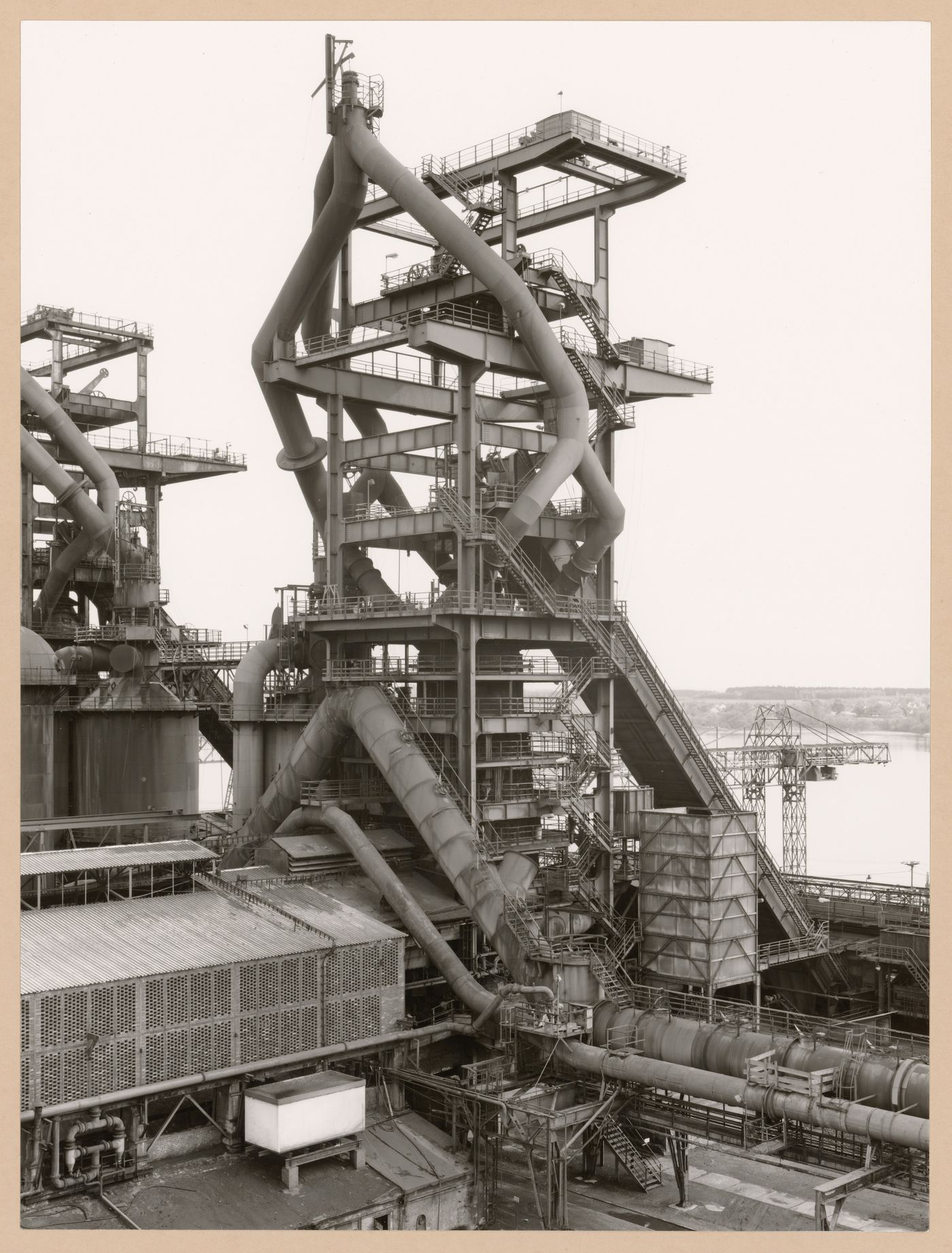 View of blast furnace heads B and A of Metallhüttenwerk industrial plant, Lübeck-Herrenwyk, Germany