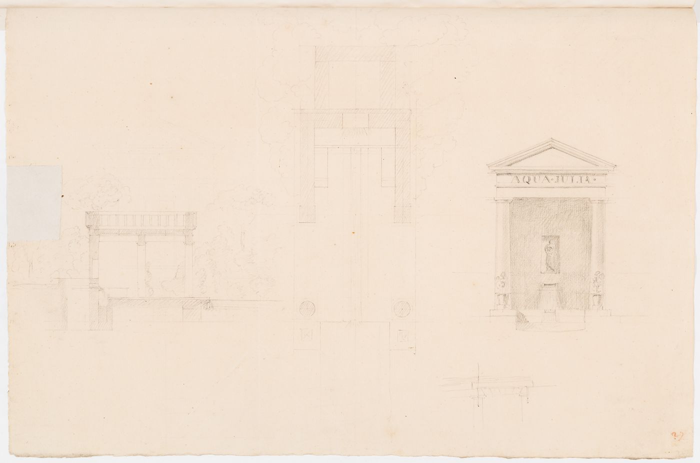 Section, plan and front elevation for a garden temple with a fountain, Domaine de La Vallée