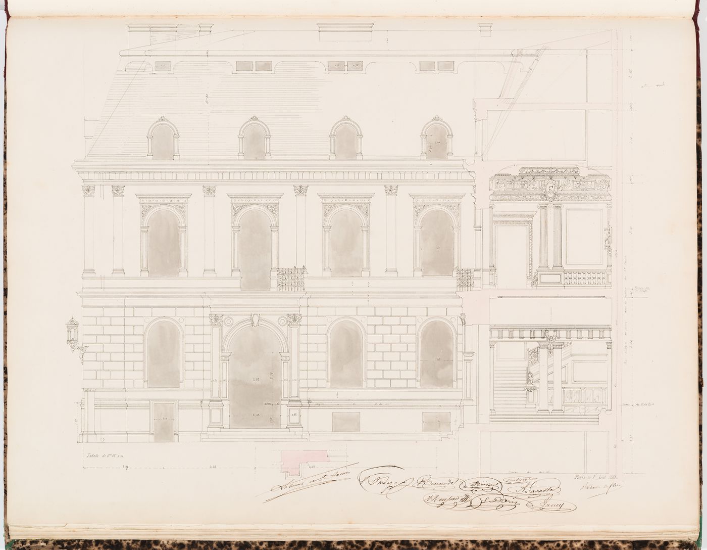 Sectional elevation through the entrance pavilion and the "cours d'honneur", showing the courtyard façade of the "pavillon sud" including a plan for a door jamb, Hôtel Sauvage, Paris