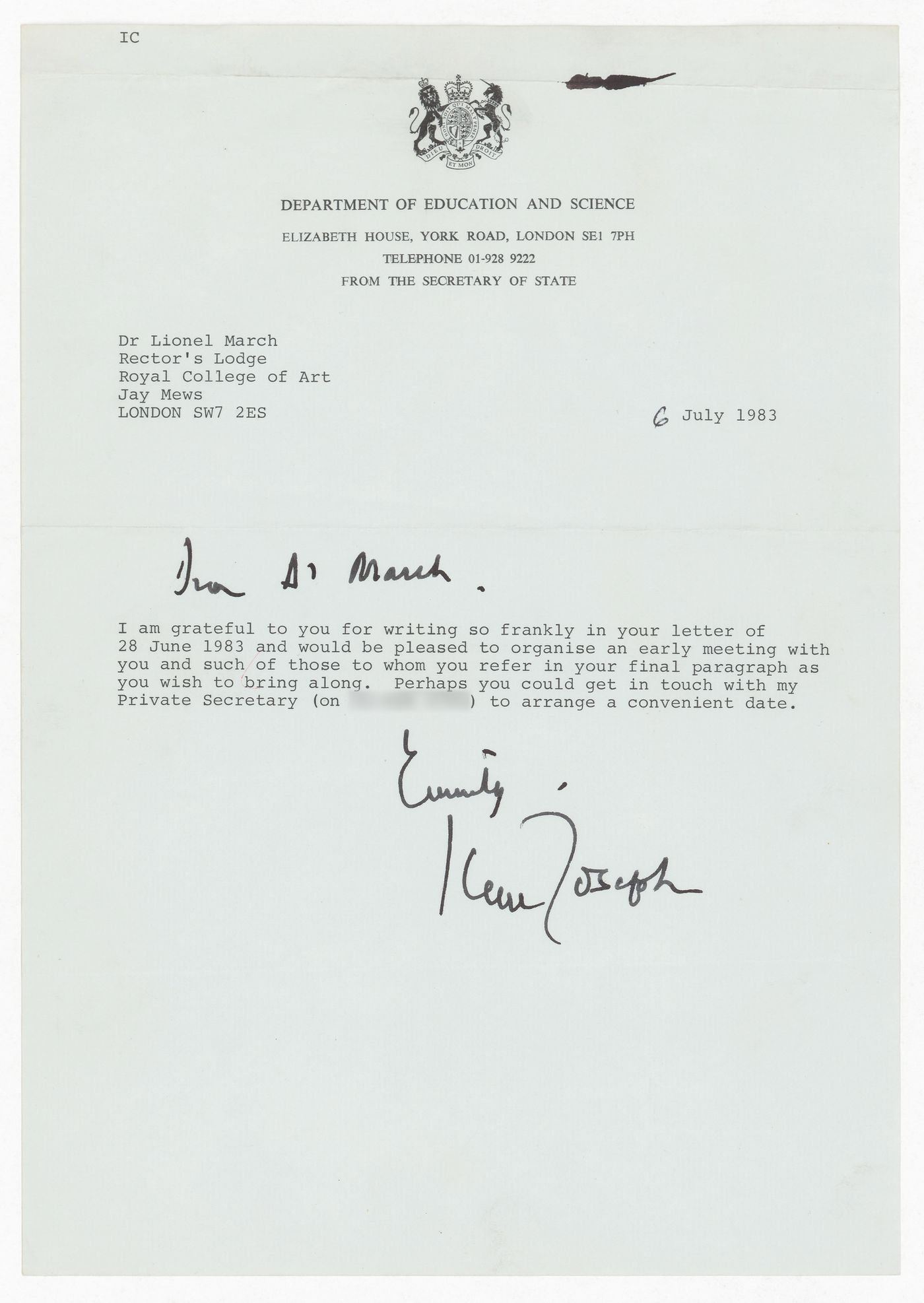 Correspondence from Keith Joseph to Lionel March regarding resignation from Royal College of Art, London