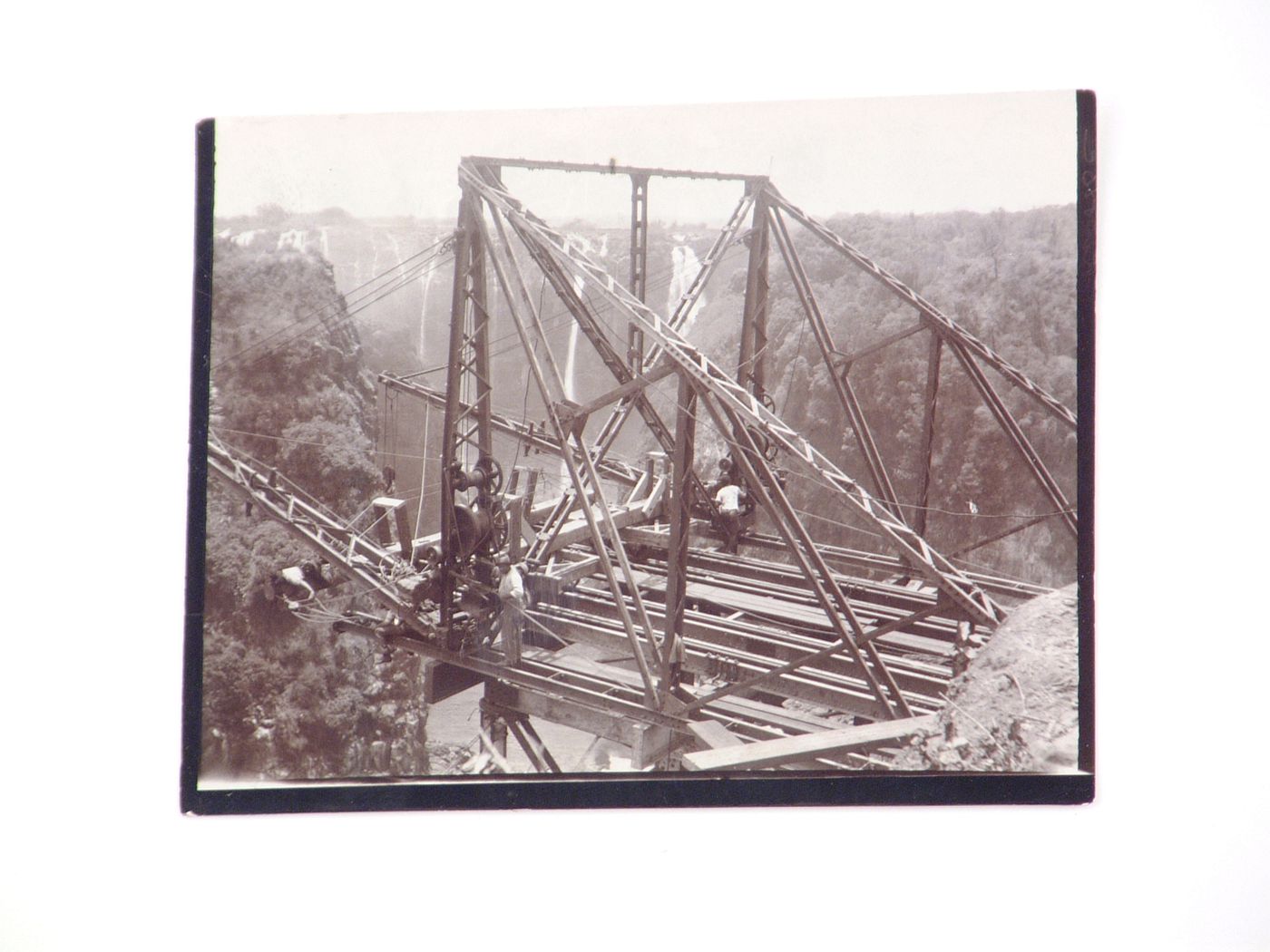 View of the construction of Victoria Falls Bridge, Zambezi River, crossing the border between Victoria Falls, Zimbabwe and Livingstone, Zambia