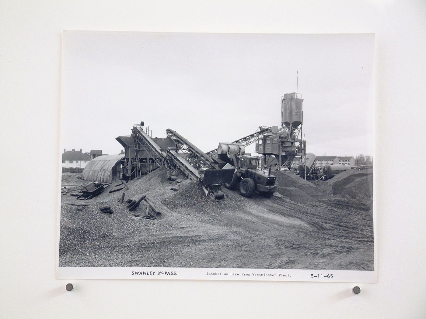 View of batcher on hire from Westminster Plant, during construction of the Swanley Bypass, England