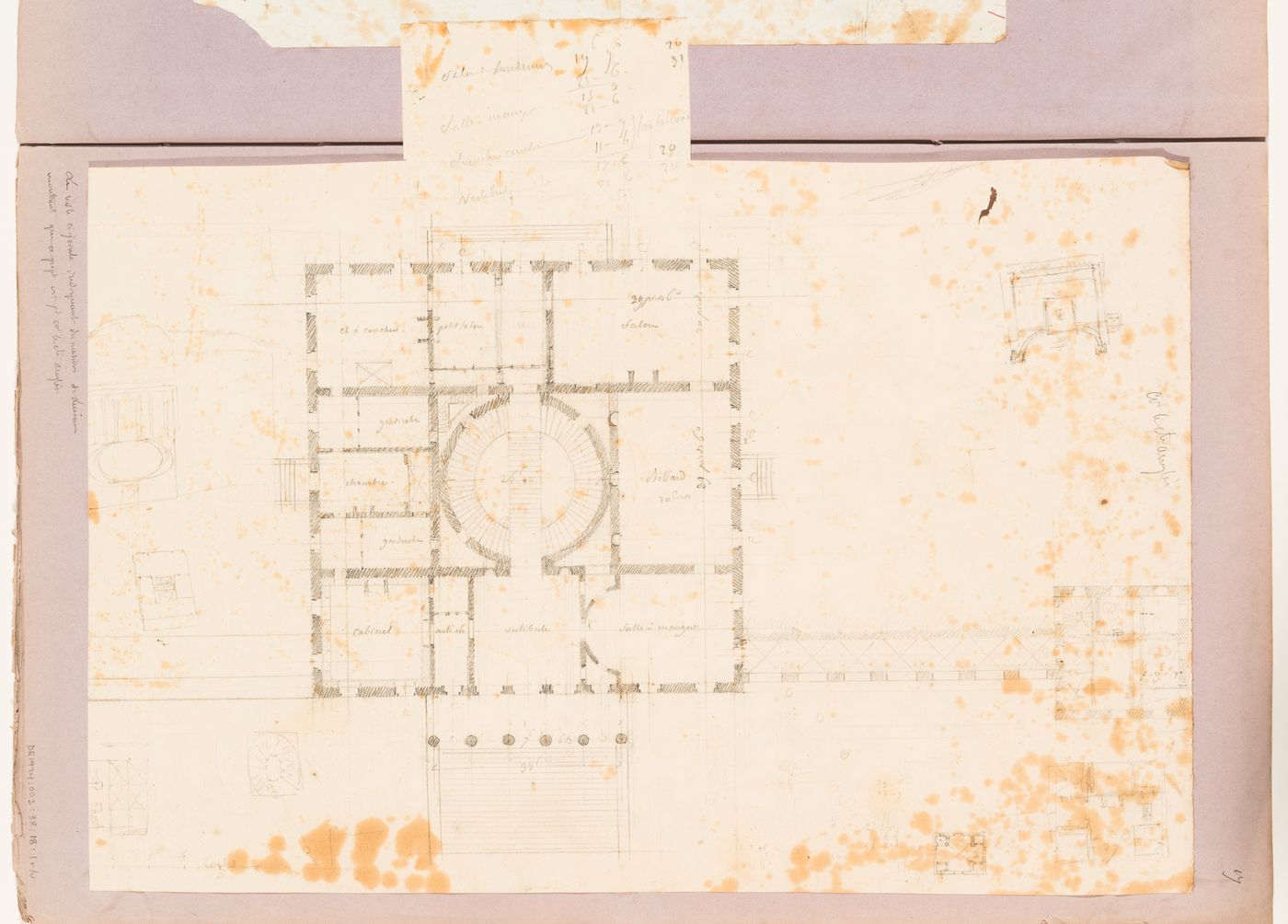 Ground floor plan and sketches for a country house for comte Anglès