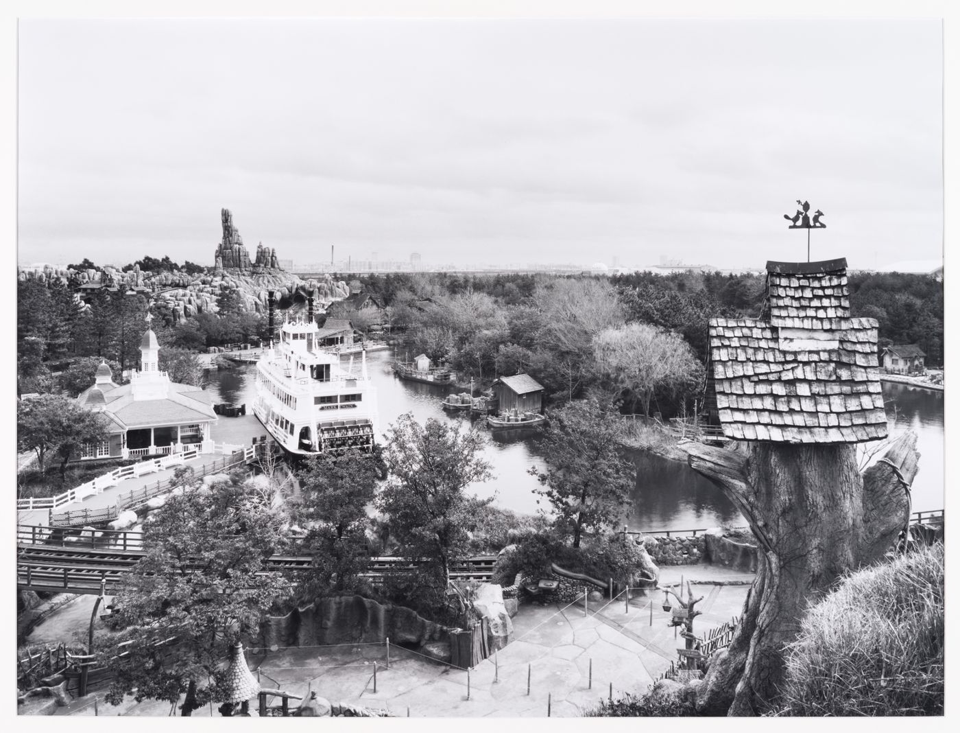 View of Westernland with Mark Twain-style boat, Disneyland, Tokyo, Japan