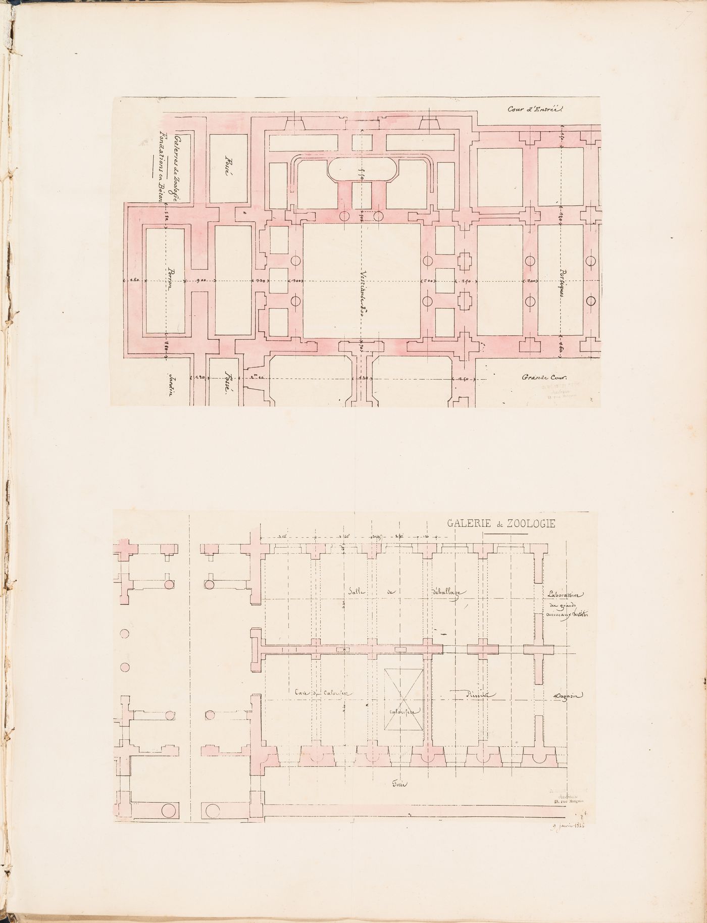 Project for a Galerie de zoologie, 1846: Partial foundation plan and partial plan for the "soubassement"