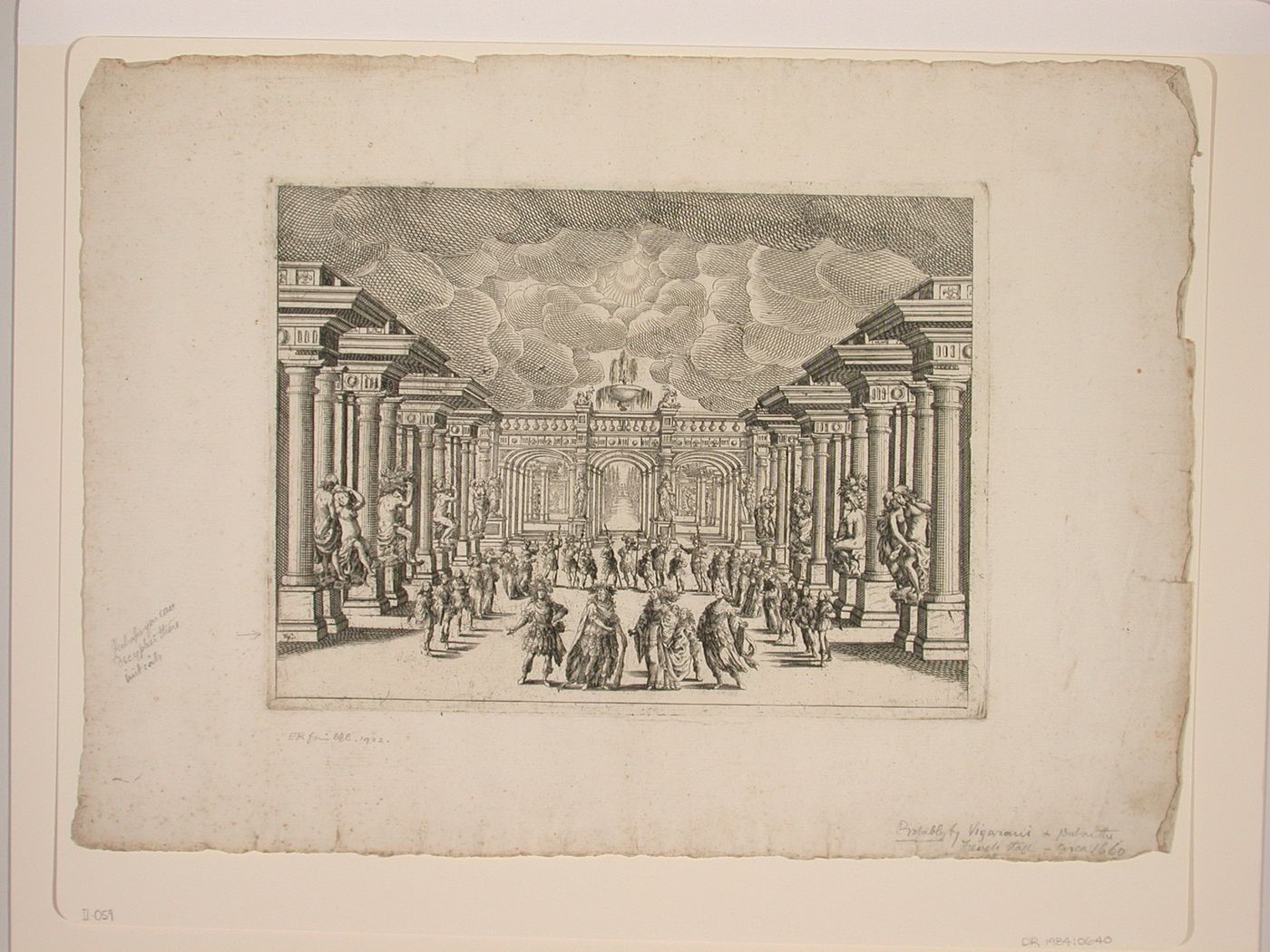 Perspective stage design for 'Ercole in Tebe', showing Act 1, Scene 1, the royal courtyard with Hercules greeting Iole