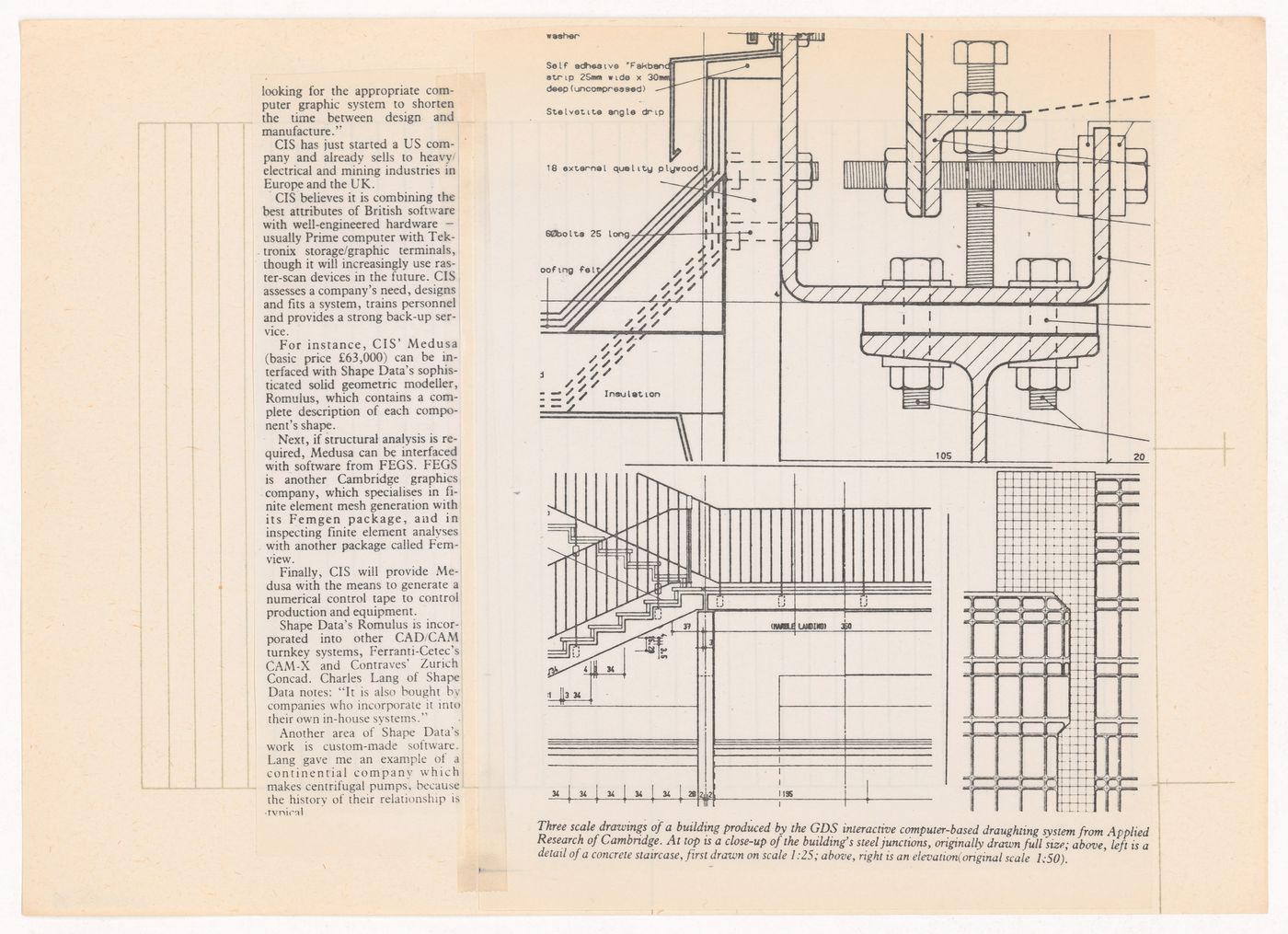 Article featuring three scale drawings of a building produced by the GDS interactive computer-based draughting system from Applied Research of Cambridge