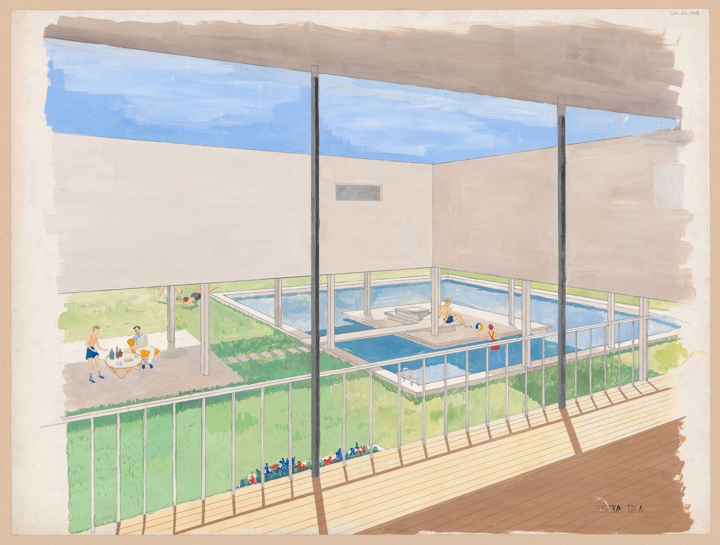 Perspective drawing showing interior court with pool and terrace for Casa en el Parque Pereyra Iraola, Mar del Plata, Argentina