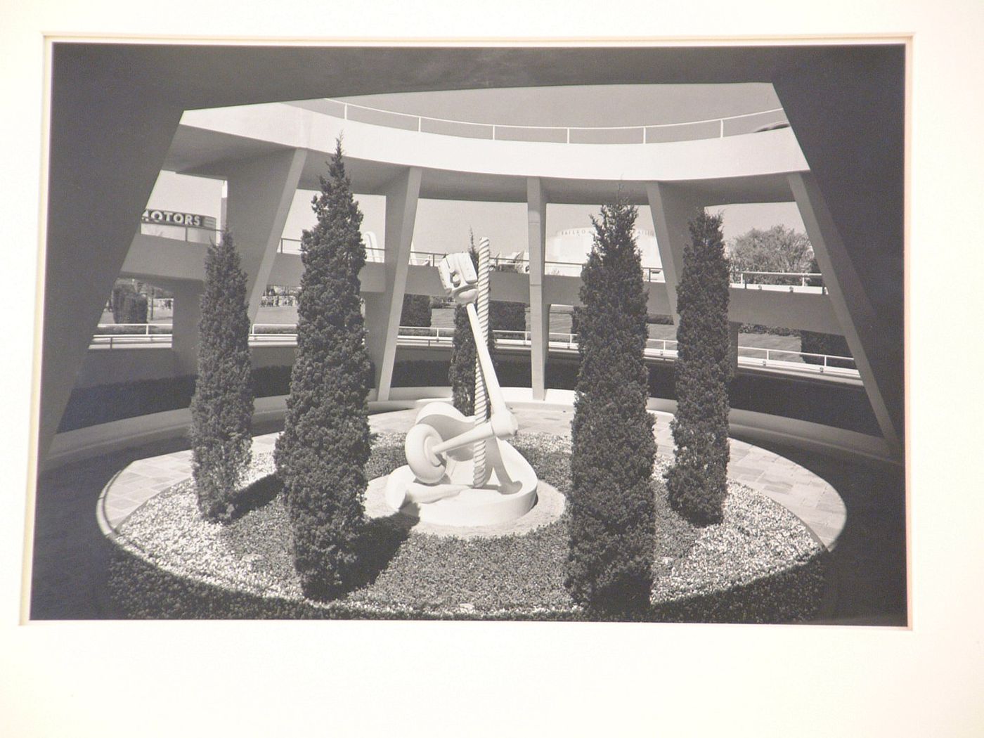 New York World's Fair (1939-1940): View looking into Ford Motor Building Garden Court, Road of Tommorrow in background, Chassis Fountain Sculpture in center