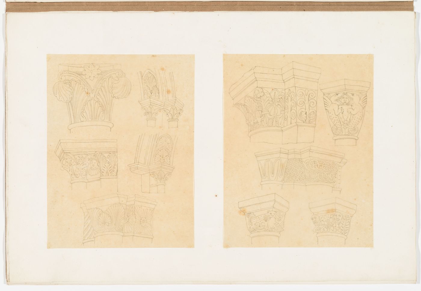 Two drawings of Gothic architectural elements: capitals, archways showing the springing point arrangements and ornamentation of the archivolts, and compound piers