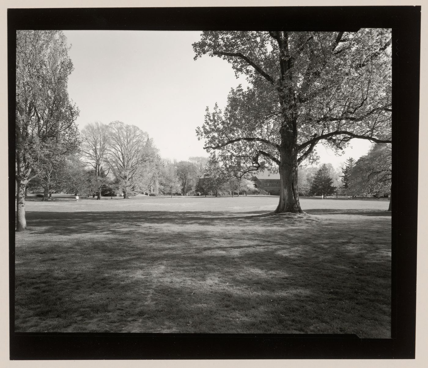 Two-part panorama of the circle with Woodhall House (left), Griswold House, Cleve House, Edith Memorial Chapel and Memorial Hall (right), Lawrenceville School, Lawrenceville, New Jersey