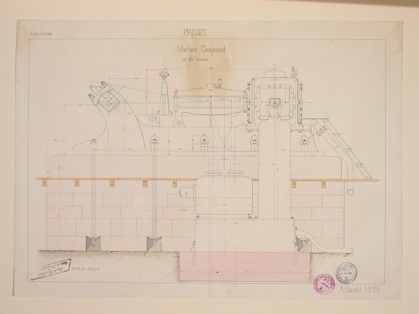 Student engineering drawing: Section through a cylinder steam engine