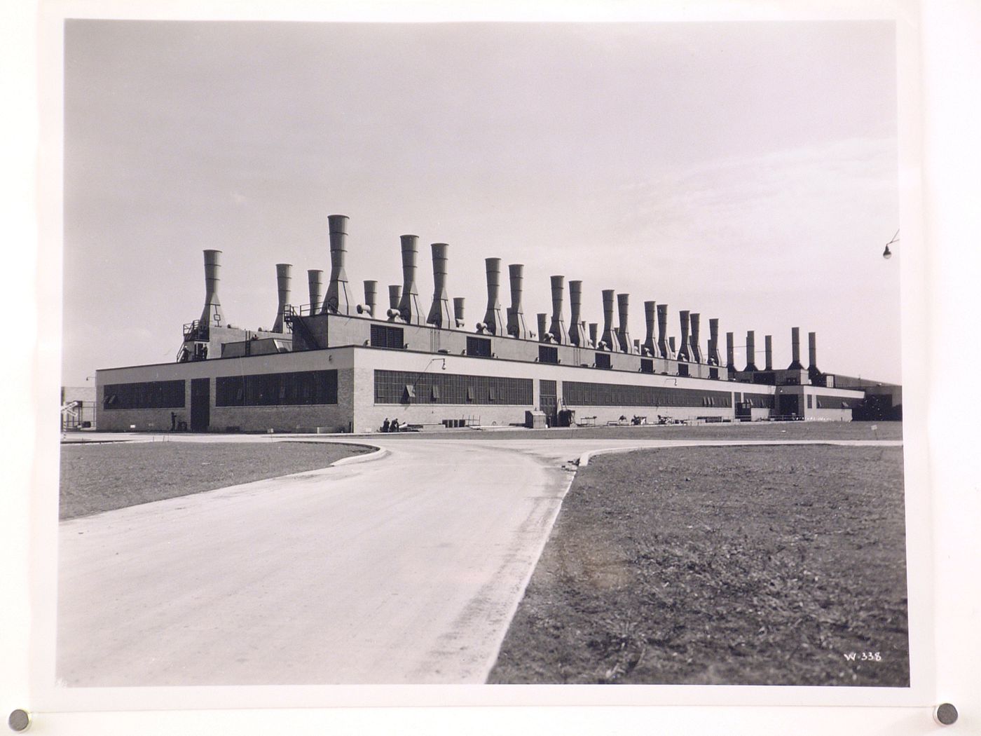 View of the north and west façades of the Test Cells, General Motors Corporation Buick division Airplane Engine Assembly Plant, Melrose Park, Illinois