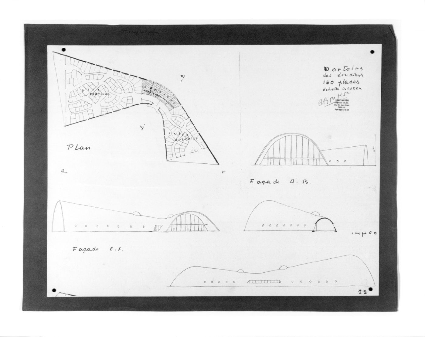 Plan, elevations and a section for the dormitory, Village Polychrome, near Biot, France