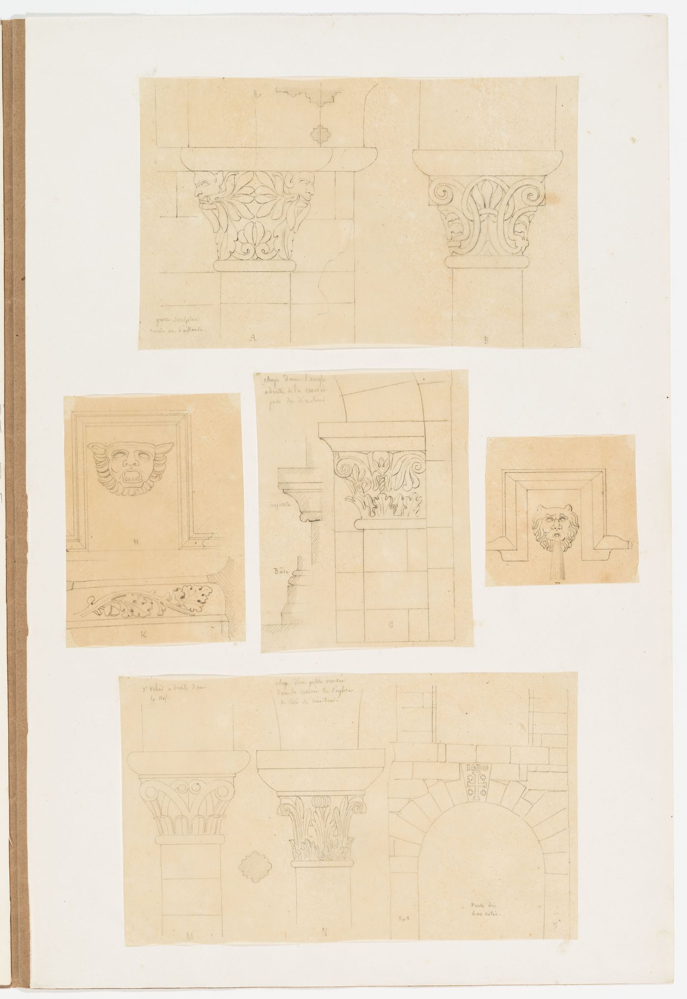 Five drawings of Gothic architectural elements and ornament: pilasters, columns, capitals, gargoyles, a molding, and an archway