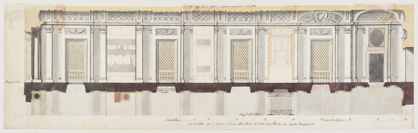 Plan and longitudinal section of the Galleria dei Canonici of the sacristy of St Peter's, Rome