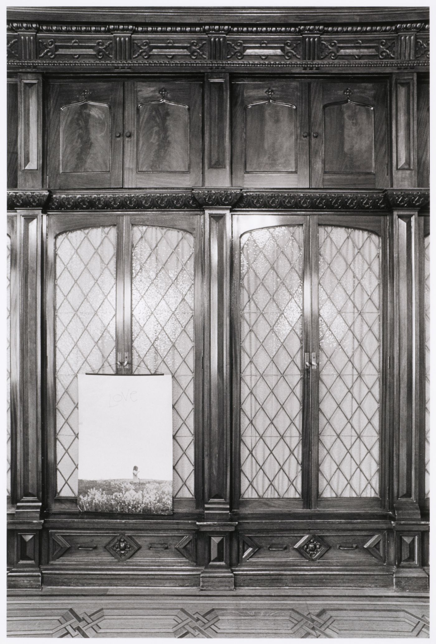 Close-up view of the paneling and glass doors of the library (now demolished) in the east part of Shaughnessy House, Montréal, Québec
