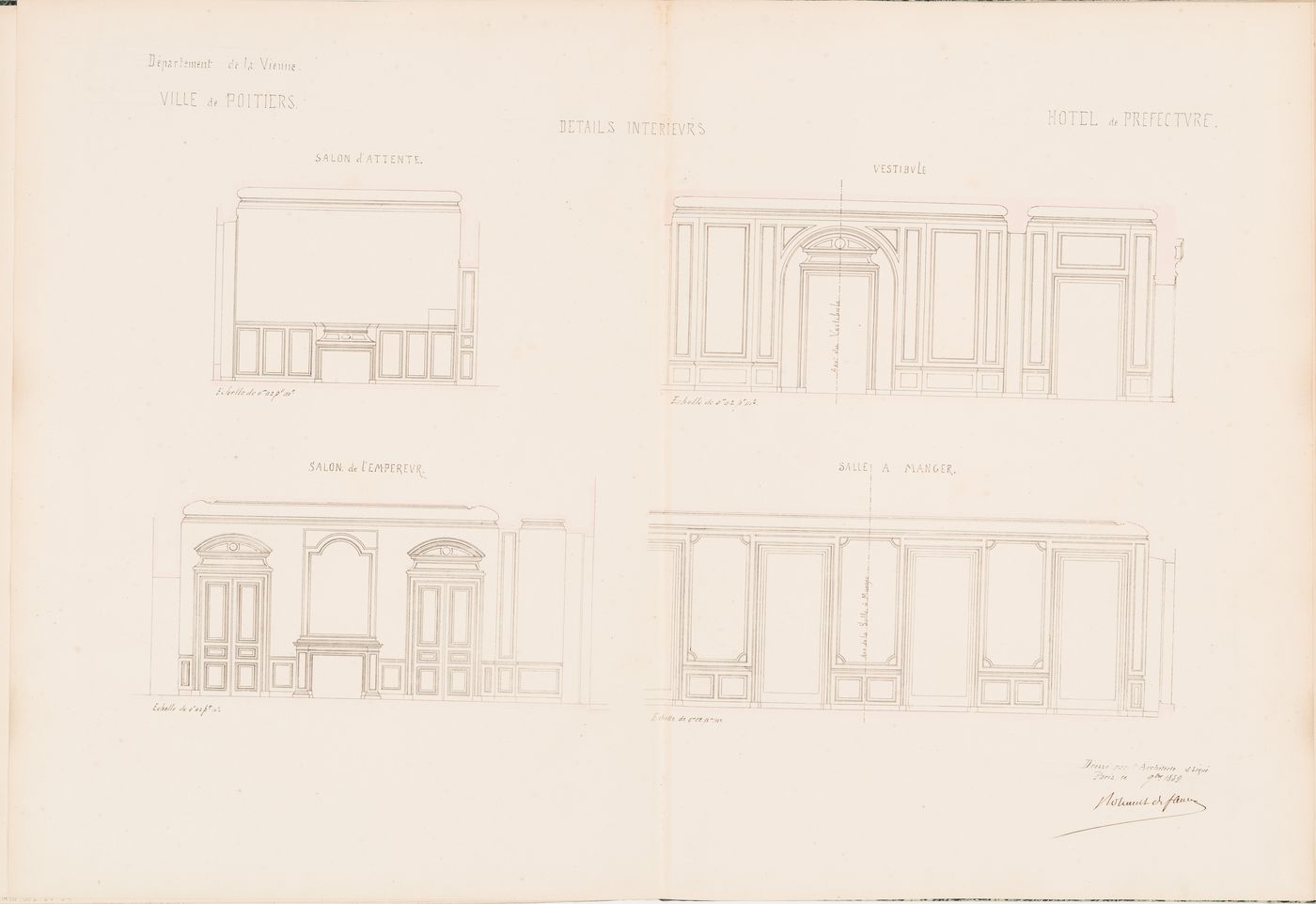 Project for a Hôtel de préfecture, Poitiers: Interior elevations for the Hôtel du Préfet showing panelling for the waiting room, vestibule, dining room, and "salon de l'empereur"
