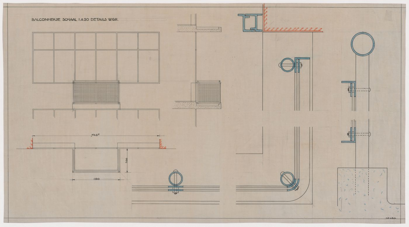 Plan, elevations, and details for a balcony for Blijdorp Workers' Housing Quarter, Rotterdam, Netherlands