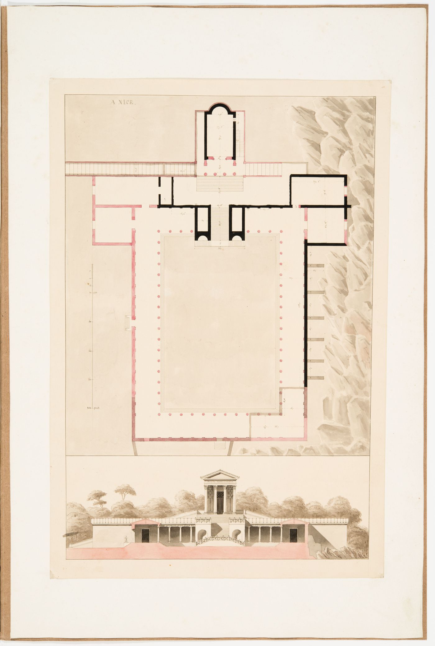 Plan of a villa in Nice showing the peristyle garden, corridor, and apsidal audience hall, with a front elevation of the apsidal audience hall and part of the peristyle