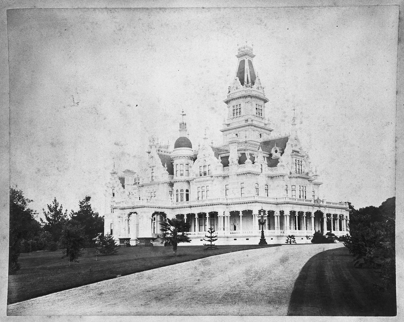 Angled frontal view of main house, Linden Towers, James Clair Flood Estate, Atherton, California