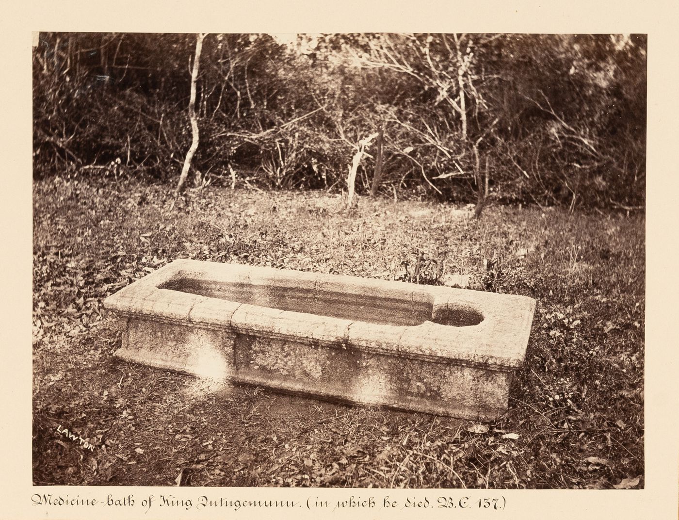 View of a medicinal bathtub, King Mahasen's Palace, Anuradhapura, Ceylon (now Sri Lanka)