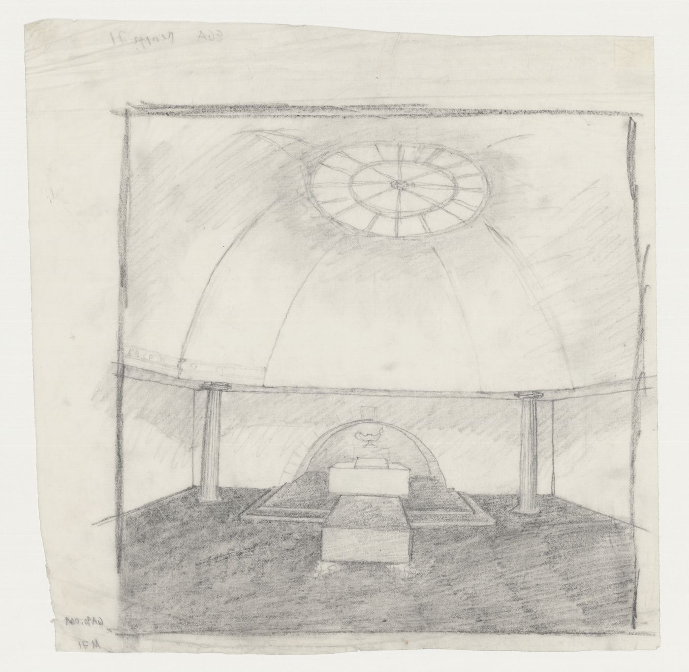 Interior perspective for Woodland Chapel showing the altar and catafalque, Woodland Cemetery, Stockholm, Sweden