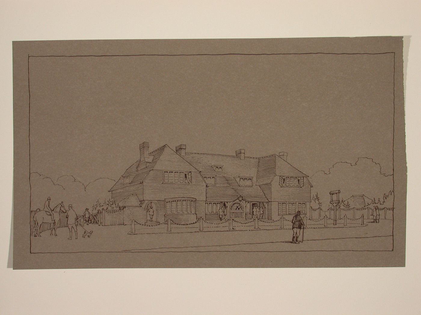 Perspectival view showing a large building set in the countryside, possibly a clubhouse