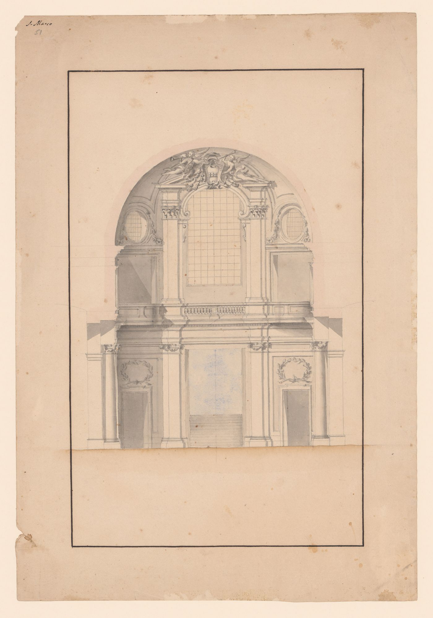Section for the nave of San Marco showing the interior decoration of the entrance wall, Rome