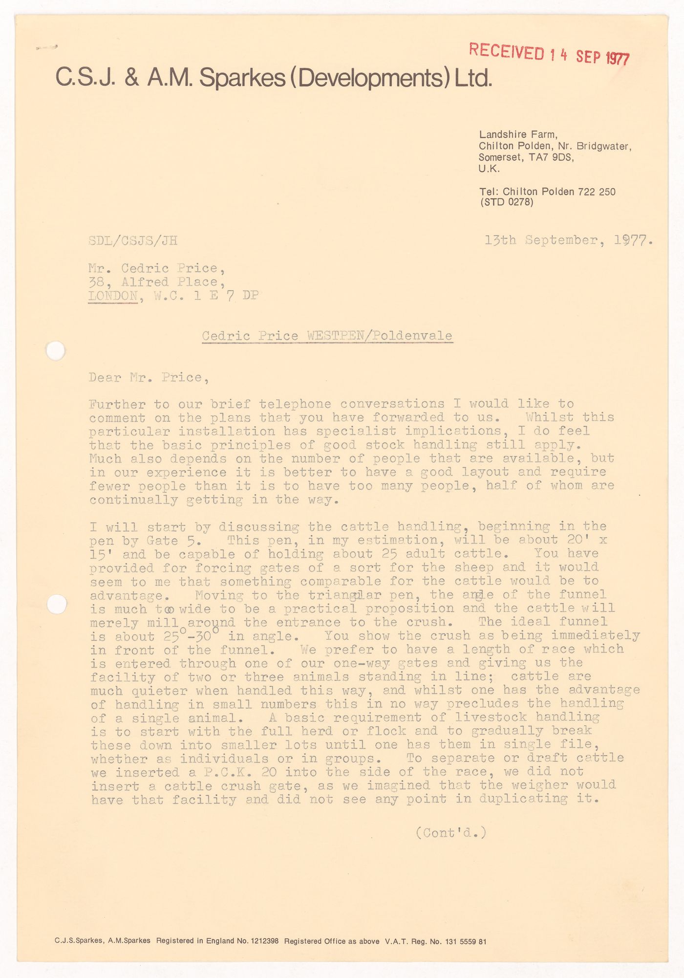 Letter from C. S. J. Sparkes to Cedric Price about Westpen