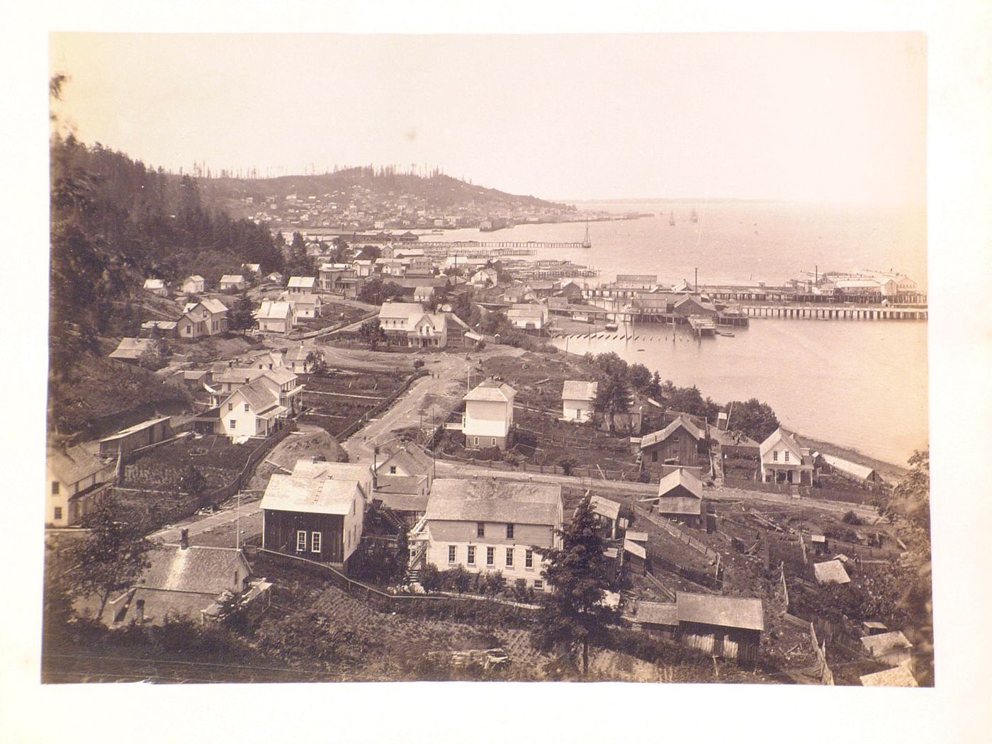 Northwest Coast town, view of town and harbor