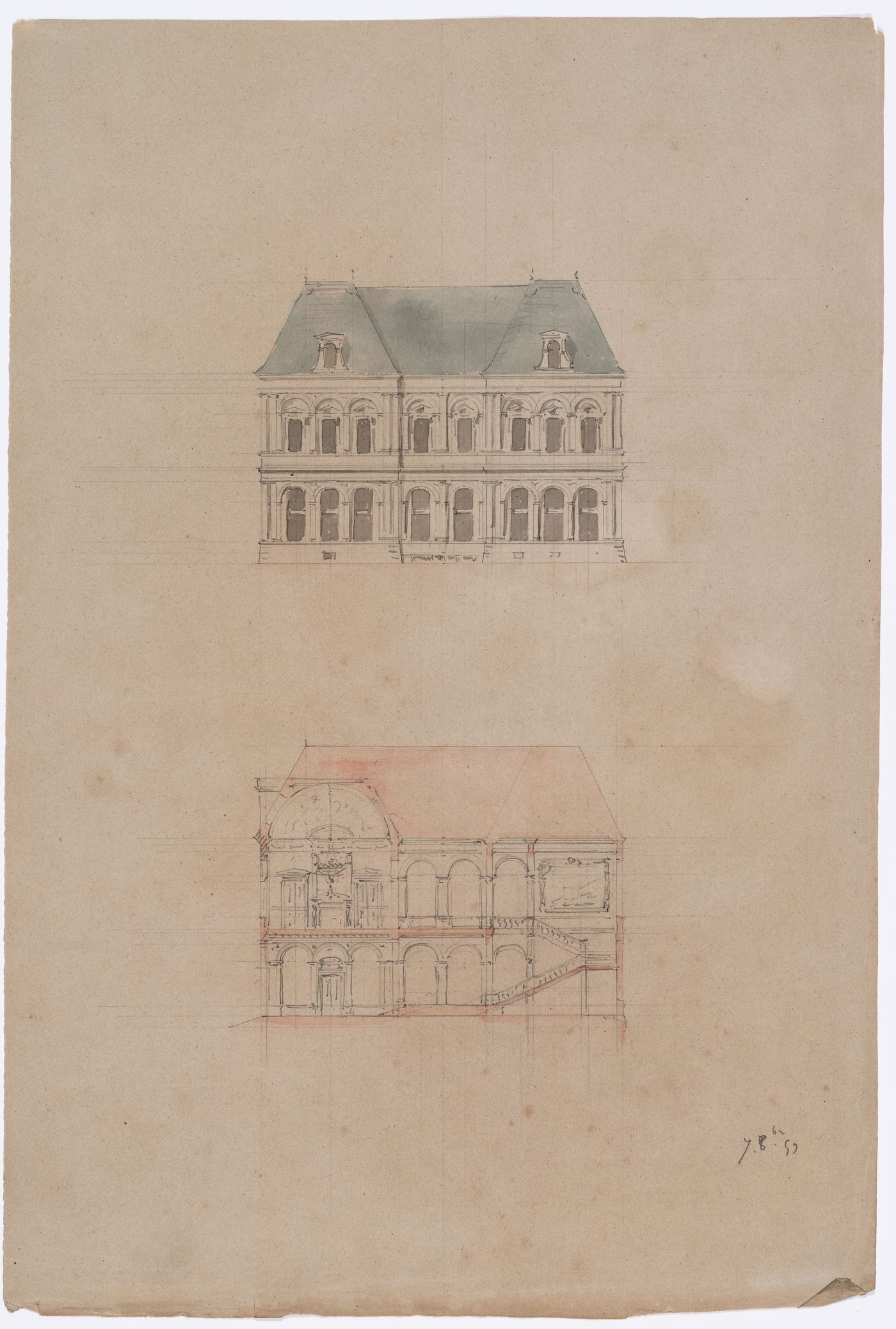 Project for a Hôtel de ville, Poitiers: Side elevation and cross section
