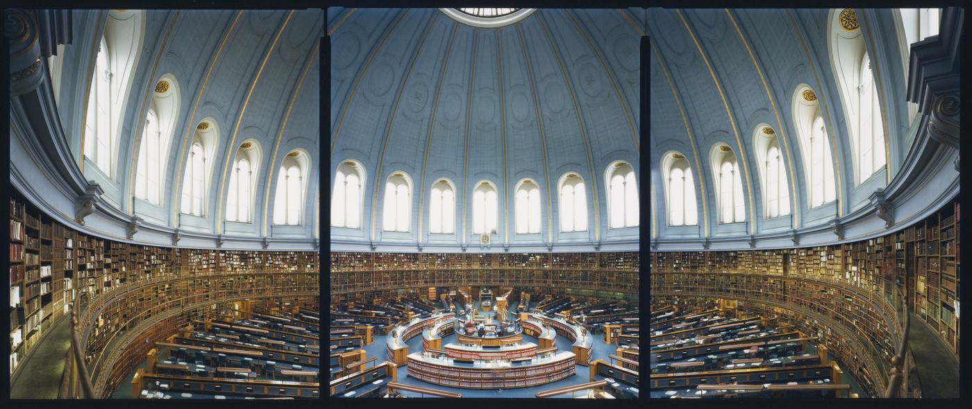 Panorama of the Reading Room showing the domed roof, galleries and desks, the British Library Museum, London, England