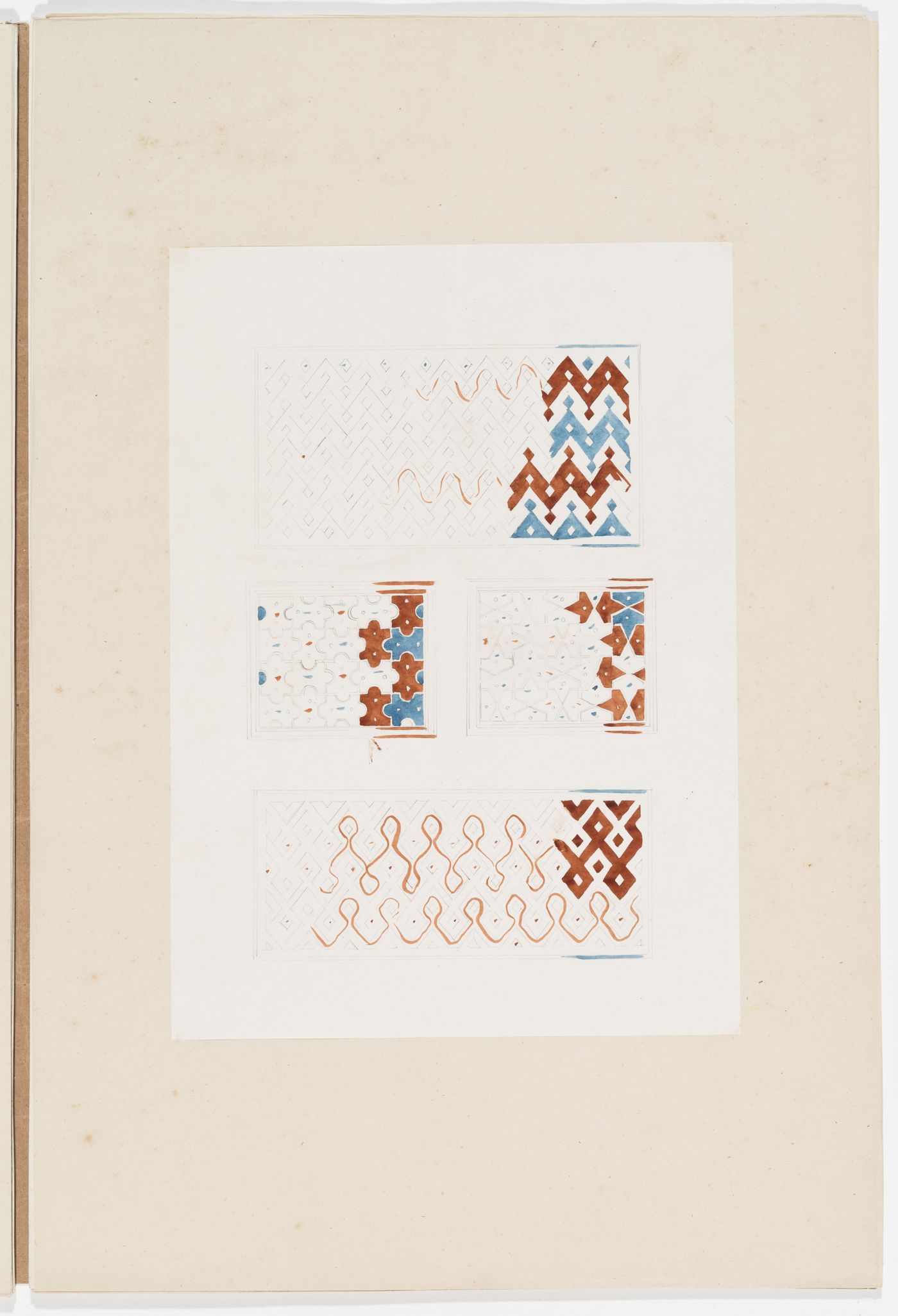 Ornament drawing of four panels decorated with geometric patterns and lines