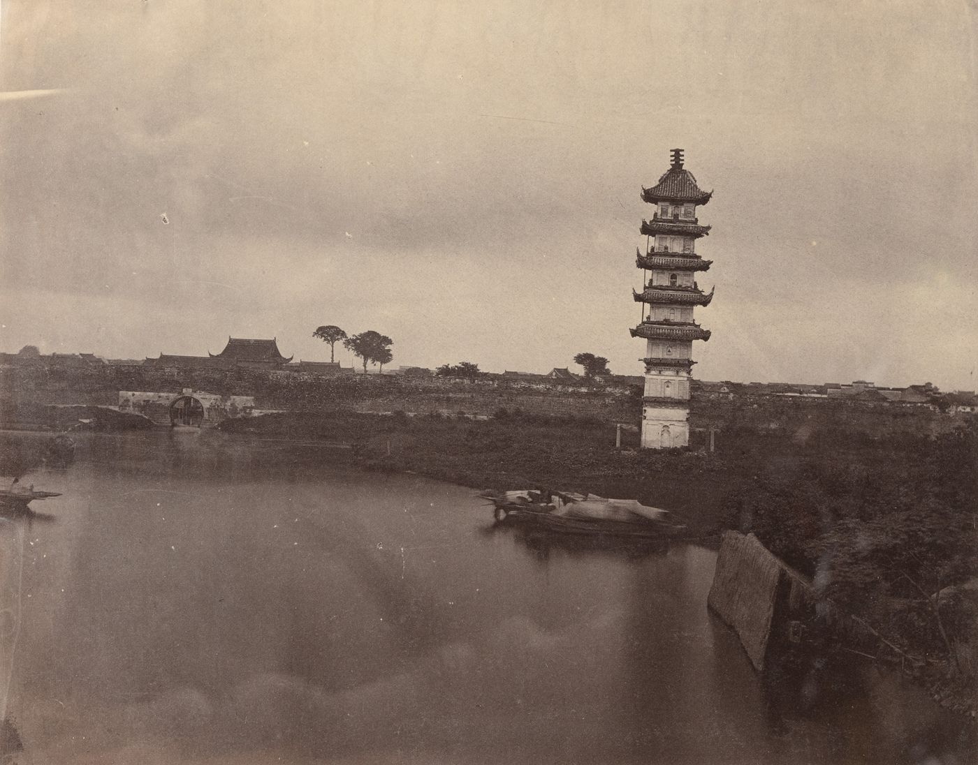 View of a small pagoda beside a lake, Chingpoo (Qingpu County, Shanghai ?), China