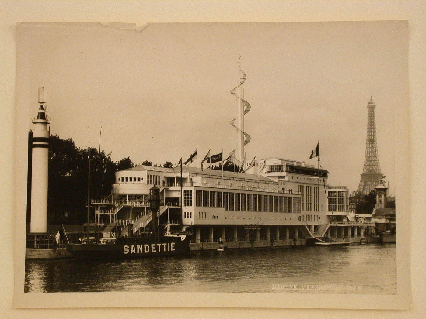 View of the Pavillon de la Marine Marchande with the Tour Eiffel in the background and the Seine in the foreground, 1937 Exposition internationale, Paris, France