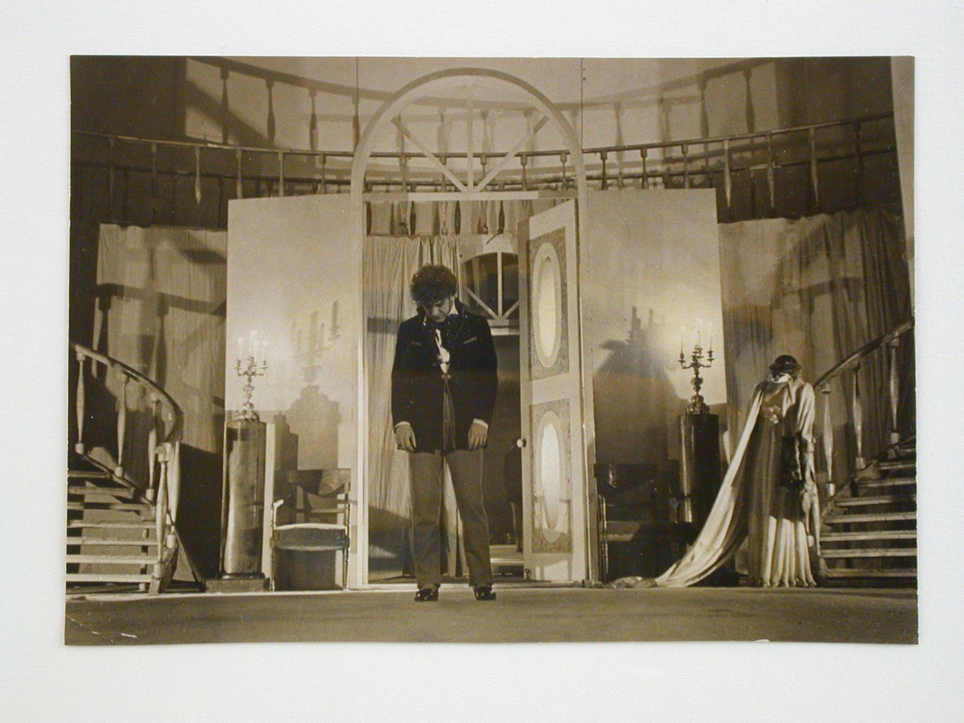 Interior view of Meyerhold Theater showing a scene from the Griboedov's "Verstand bringt Leiden" [Misery from Wit], Moscow