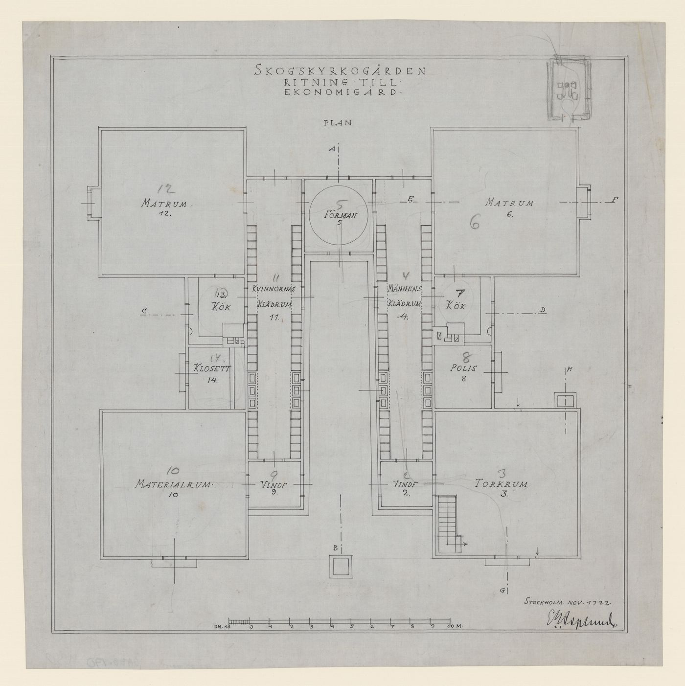 Plan for the Service Building, Woodland Cemetery, Stockholm, Sweden