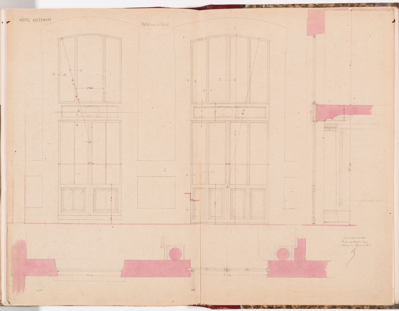 Elevation, plan and section for the courtyard doors, Hôtel Soltykoff