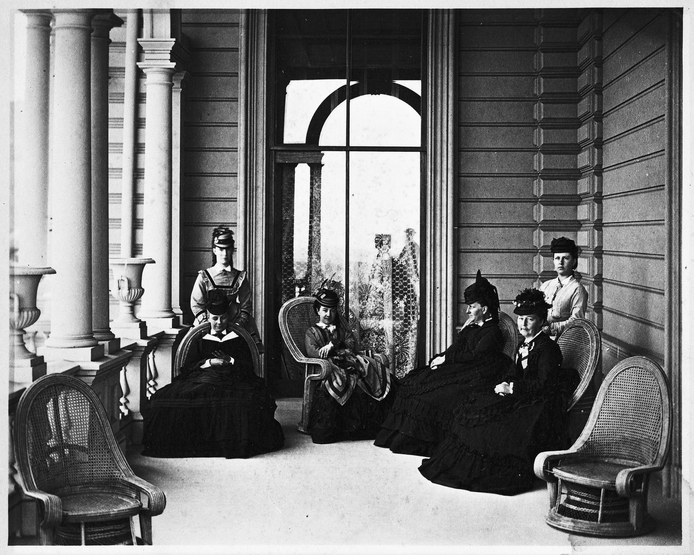 Exterior porch with 6 female figures, Millbrae, home of D.O. Mills, San Mateo County, California