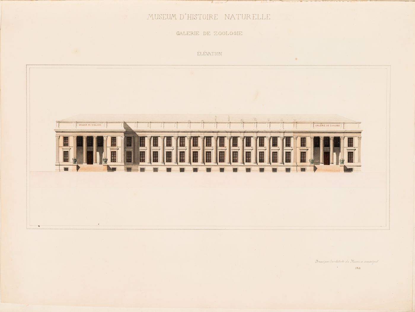 Project for a Galerie de zoologie, 1842: Principal elevation