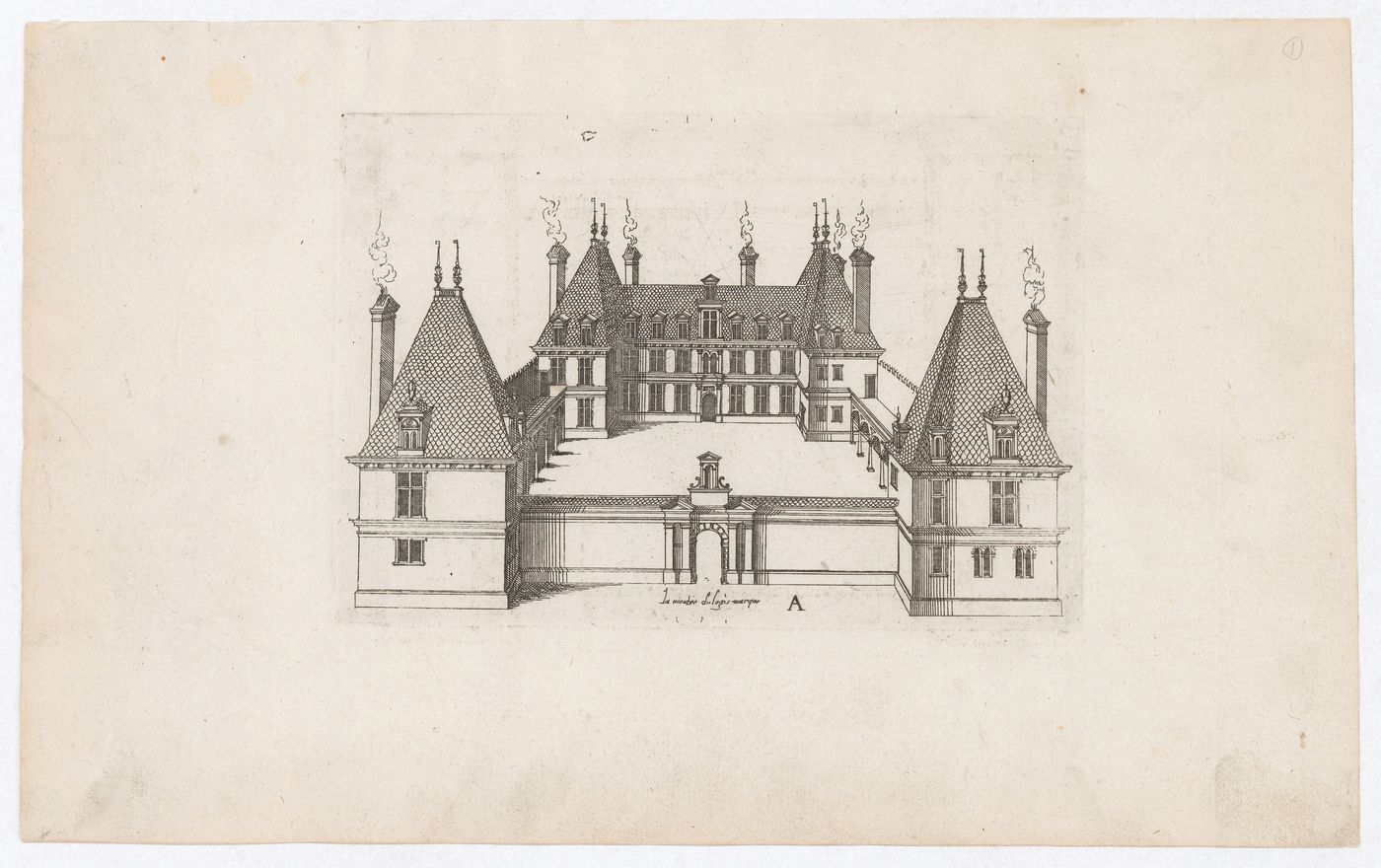 Bird's-eye perspective for château A with a forecourt bordered by two galleries and rectangular corner towers with pitched roofs